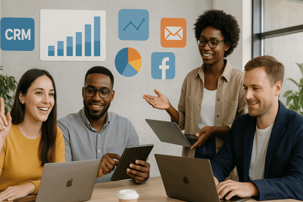 Top 10 Marketing Tools for SMBs to Streamline Growth in 2025 — modern business team analyzing marketing dashboards and digital tools.