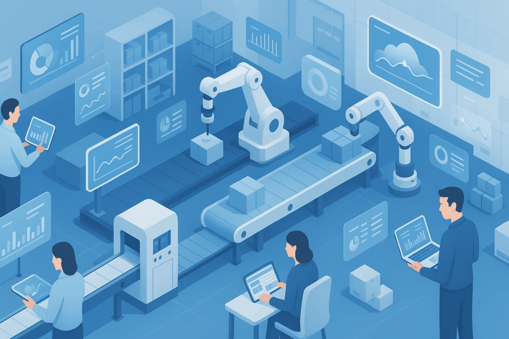 “Affordable Manufacturing Software for SMBs in 2025: Best Budget Solutions featured image showing digital factory dashboard and automation.”