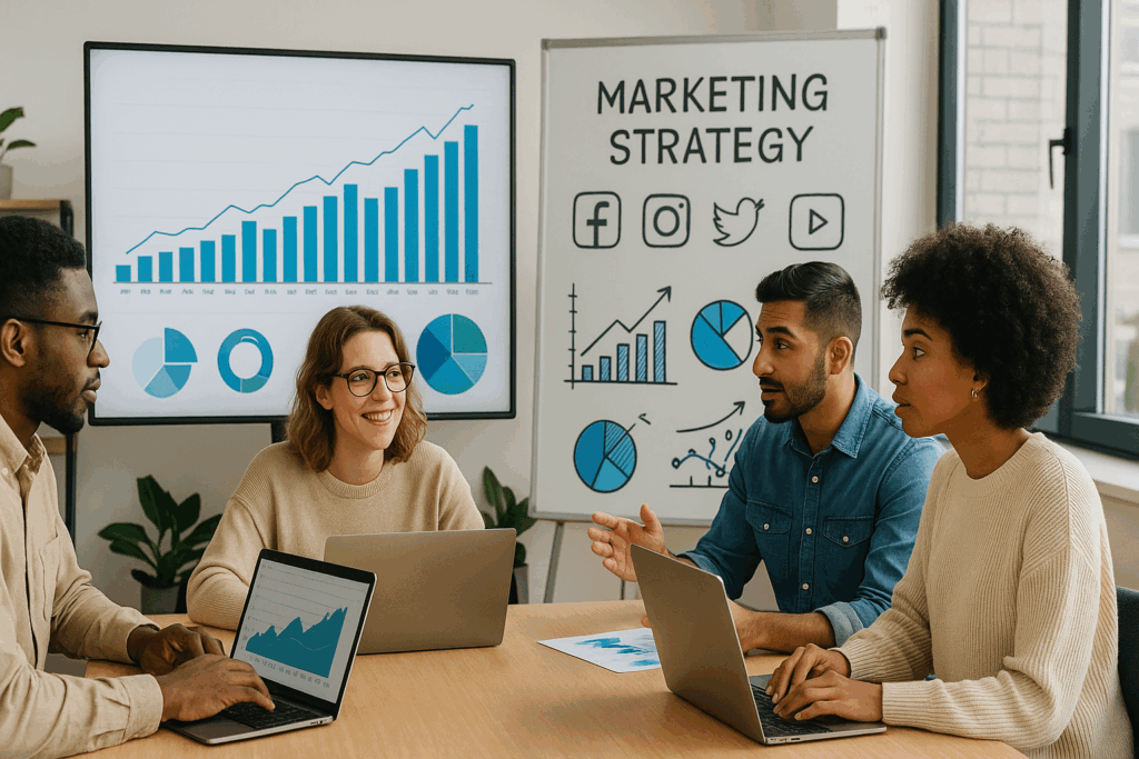 Mistakes to Avoid When Implementing Marketing Strategies for Small Business — team of small business owners analyzing marketing data and strategy charts in a modern office.