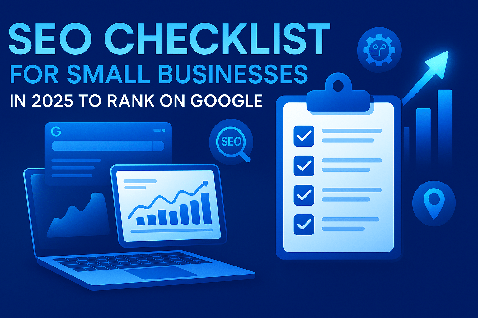 “SEO Checklist for Small Businesses in 2025 to Rank on Google — featured image showing digital SEO analytics, checklist, and ranking growth.”