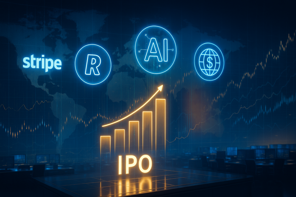 “IPO Trends 2025: Top Tech Companies Going Public This Year – futuristic stock market scene with IPO charts and tech company icons.”
