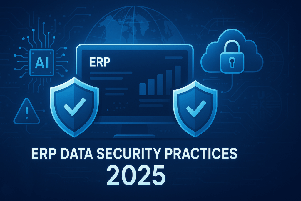 “ERP Data Security Practices 2025: Protect Your Business from Cyber Threats featured image illustration with AI security and encrypted ERP dashboard.”
