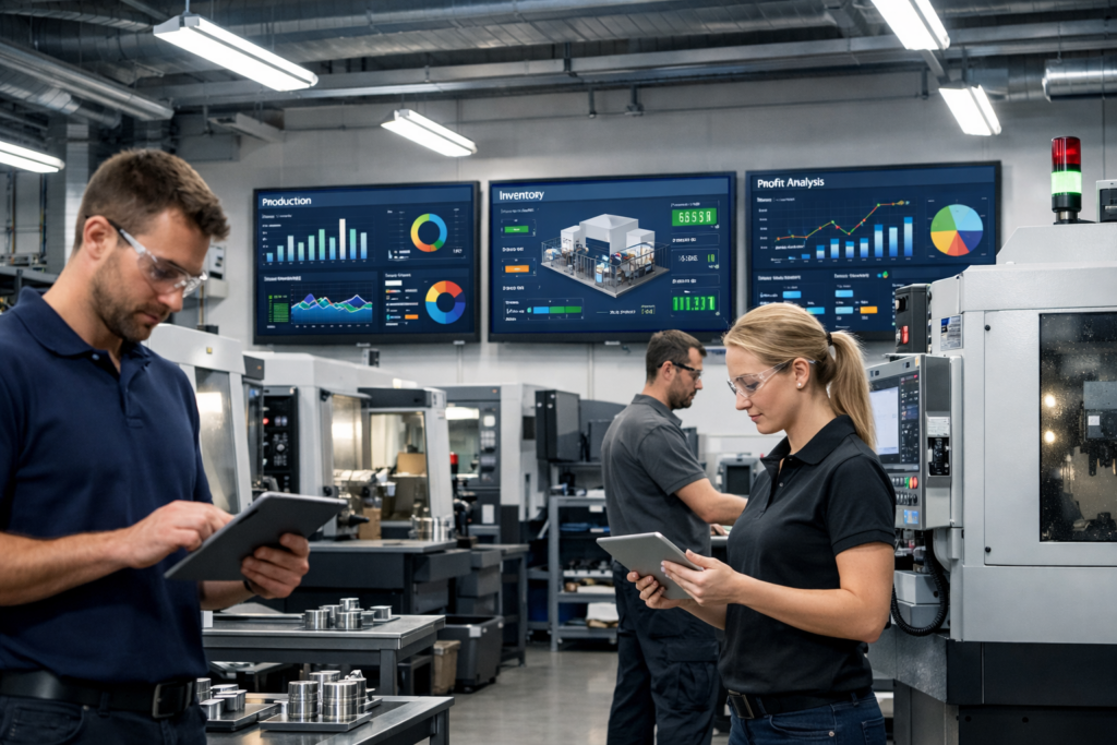 Manufacturing Software for Small Businesses: Tools to Improve Production, Inventory, and Profitability showing digital production and inventory management dashboards inside a modern factory