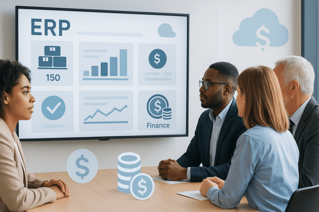 "Business team reviewing an affordable cloud-based ERP dashboard with finance and inventory modules, representing budget-friendly ERP systems in 2025."