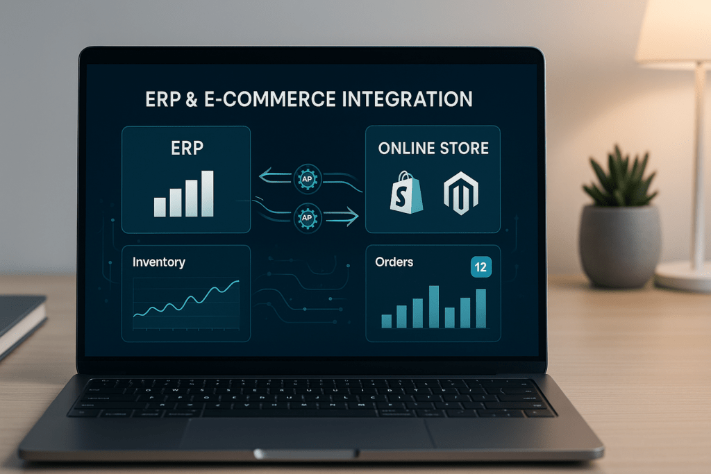 How to Integrate ERP with E-Commerce in 2025: A Complete Step-by-Step Guide featured dashboard showing ERP and online store data syncing.