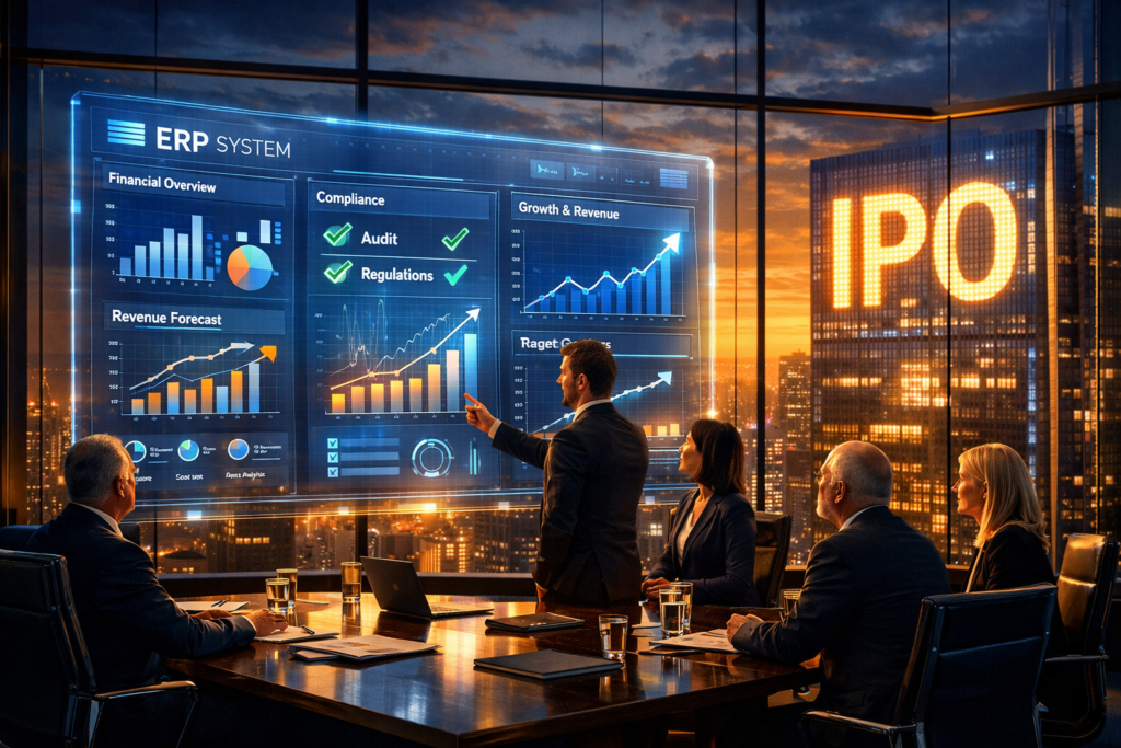 How ERP-Driven Companies Prepare for IPOs and Strengthen Their Investment Story featuring ERP financial dashboards and IPO readiness analytics