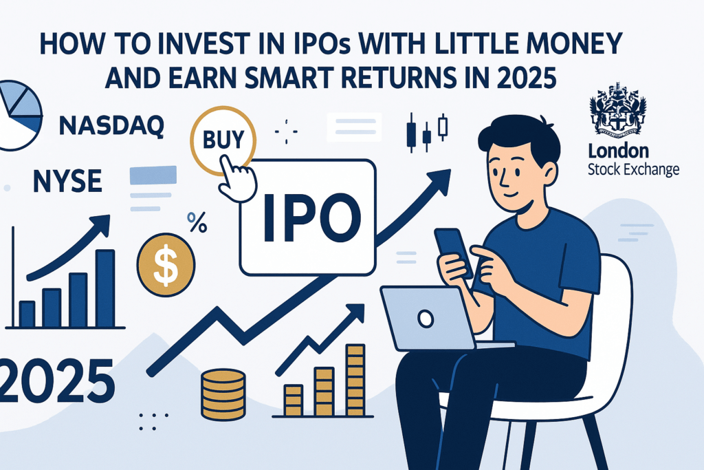 How to Invest in IPOs with Little Money and Earn Smart Returns in 2025 illustrated featured image with investor, stock charts, and U.S./U.K. market symbols.
