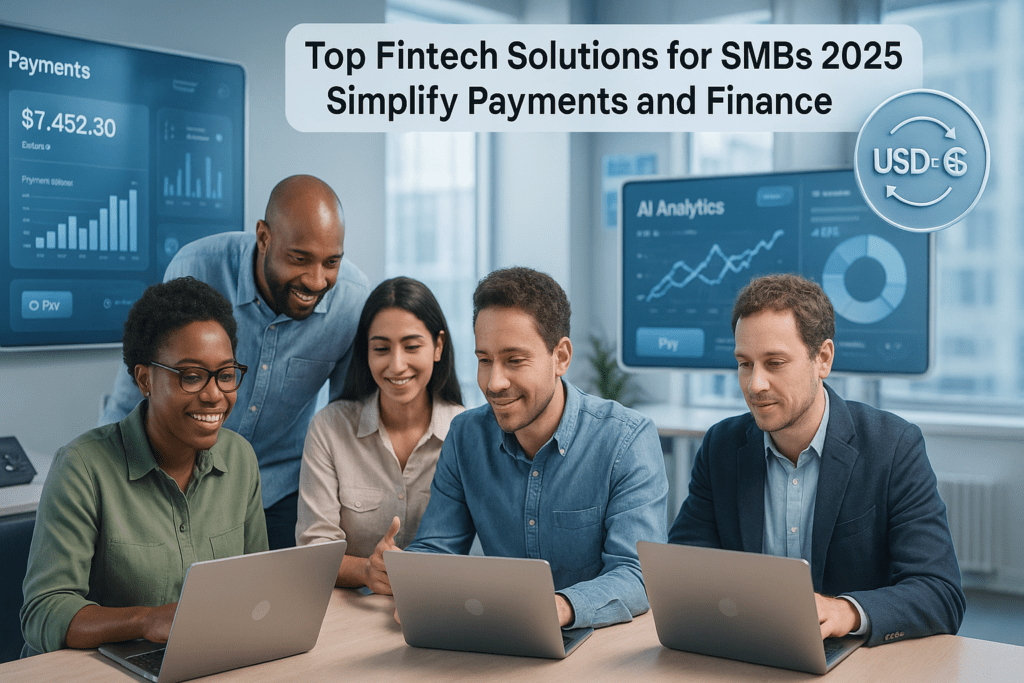 “Top Fintech Solutions for SMBs 2025: Simplify Payments and Finance featured image showing fintech dashboards and small business owners from the USA and UK.”