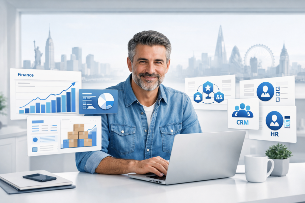 ERP Software Comparison for Small Businesses: Choosing the Right System Based on Needs and Budget featured image showing cloud ERP dashboards for finance, inventory and CRM