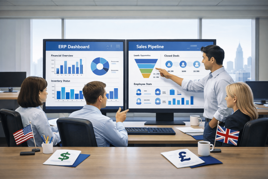 ERP Implementation Guide for SMBs: Step-by-Step Process, Costs, and Common Pitfalls showing a small business team using an ERP dashboard for finance, inventory, and sales management