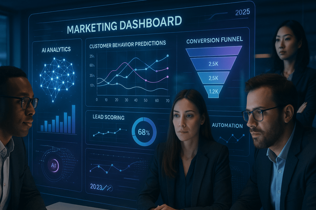 A futuristic digital marketing dashboard glowing with AI-driven analytics, customer behavior predictions, lead scoring visuals, and conversion funnels. Show holographic charts, neural-network graphics, and a diverse team analyzing data. The environment should feel modern, high-tech, and business-focused. Use a clean, professional color palette (blue, purple, teal). Include subtle elements referencing 2025 technology trends and customer acquisition automation. Ultra-realistic, 16:9, cinematic lighting, sleek UI interface, globally relevant.