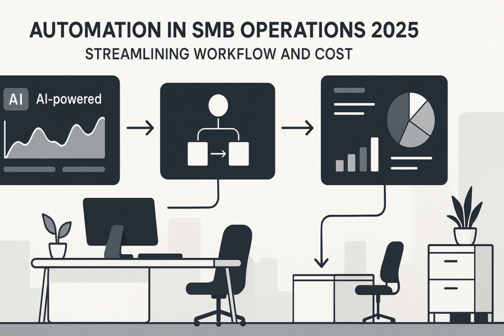 Automation in SMB Operations 2025: Streamlining Workflow and Cost featured image showing AI dashboards and automated workflow systems.