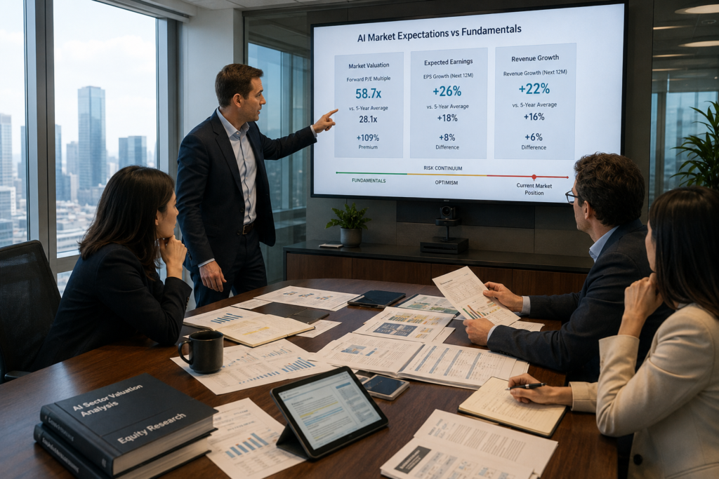 AI Stock Bubble discussion in an investment office where analysts assess valuation risks, growth expectations and investor signals.