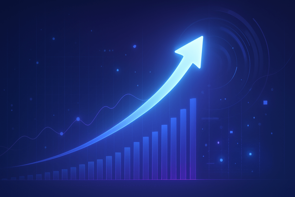“Abstract digital illustration showing upward arrow and data graphs representing business growth, strategy, and scaling.”