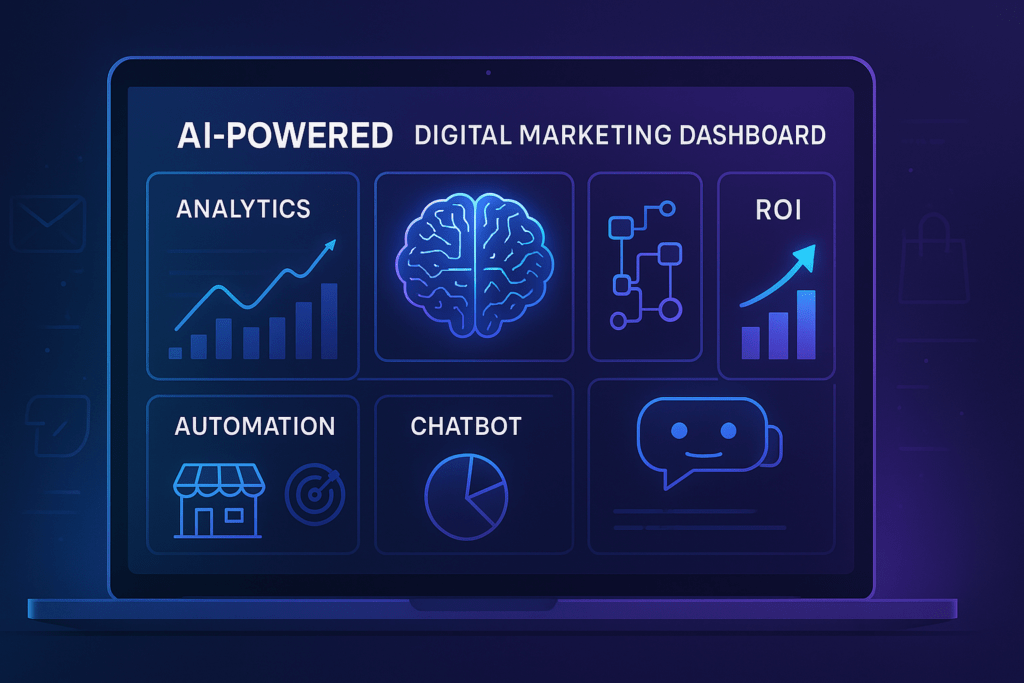 Featured image showing AI Marketing Strategies for Small Businesses in 2025 to Maximize ROI with analytics dashboard, AI automation visuals, and growth charts.