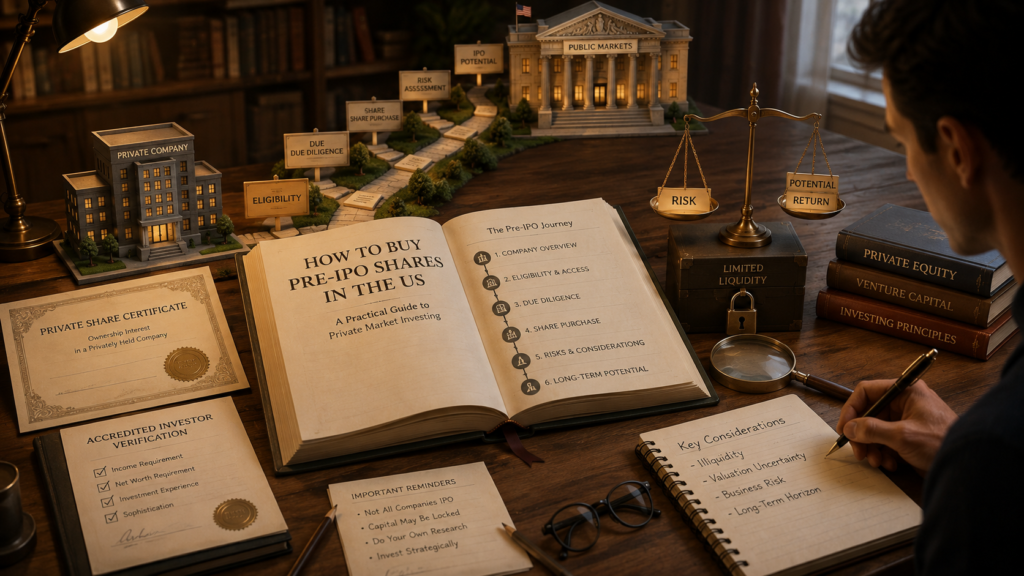 How to Buy Pre-IPO Shares in the US explained through an educational concept covering eligibility, private shares, due diligence, liquidity and risk.