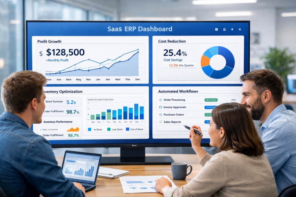 ERP ROI Case Study: How Small Businesses Increase Efficiency, Reduce Costs, and Scale Faster with automated ERP dashboard showing ROI growth