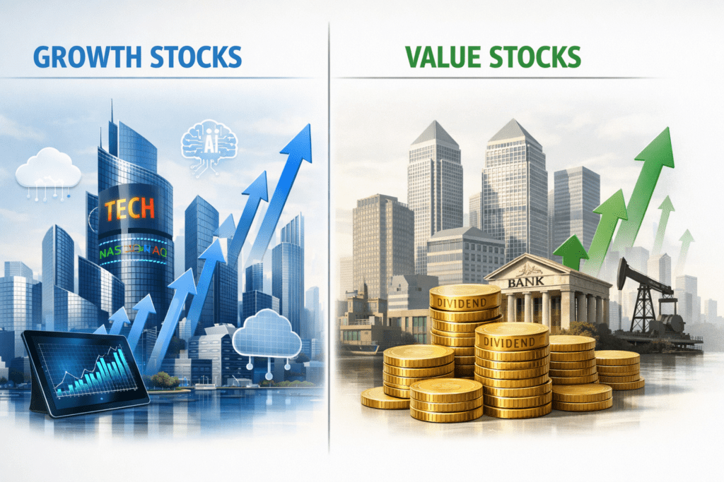 Growth Stocks vs Value Stocks: Key Differences, Risks, and How Investors Choose Between Them – US tech growth stocks compared with UK dividend value stocks