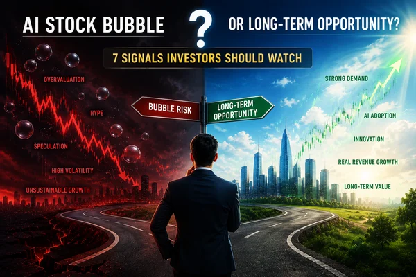 “AI stock bubble vs long-term opportunity infographic showing 7 signals investors should watch, including valuation, revenue growth, semiconductor demand, and AI adoption.”
