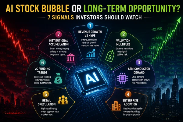 “AI stock bubble vs long-term opportunity infographic showing 7 signals investors should watch, including valuation, revenue growth, semiconductor demand, and AI adoption.”