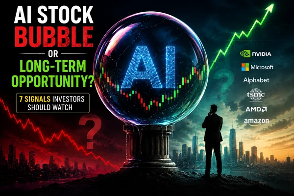“AI stock bubble vs long-term opportunity infographic showing 7 signals investors should watch, including valuation, revenue growth, semiconductor demand, and AI adoption.”