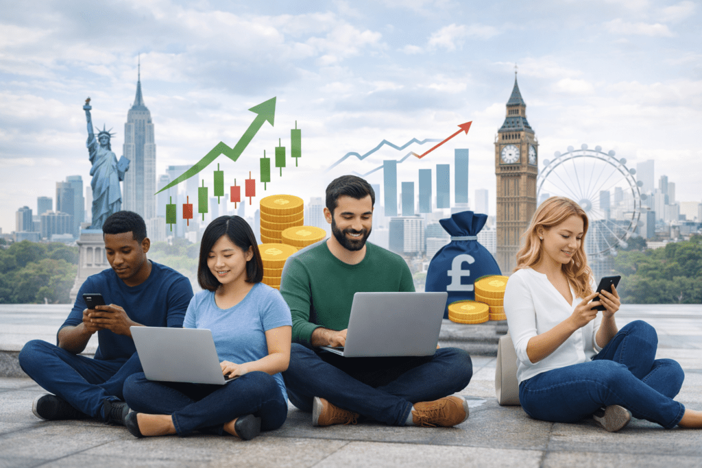 Stock market basics for beginners illustrated with simple investment charts and everyday people learning how to invest in US and UK markets