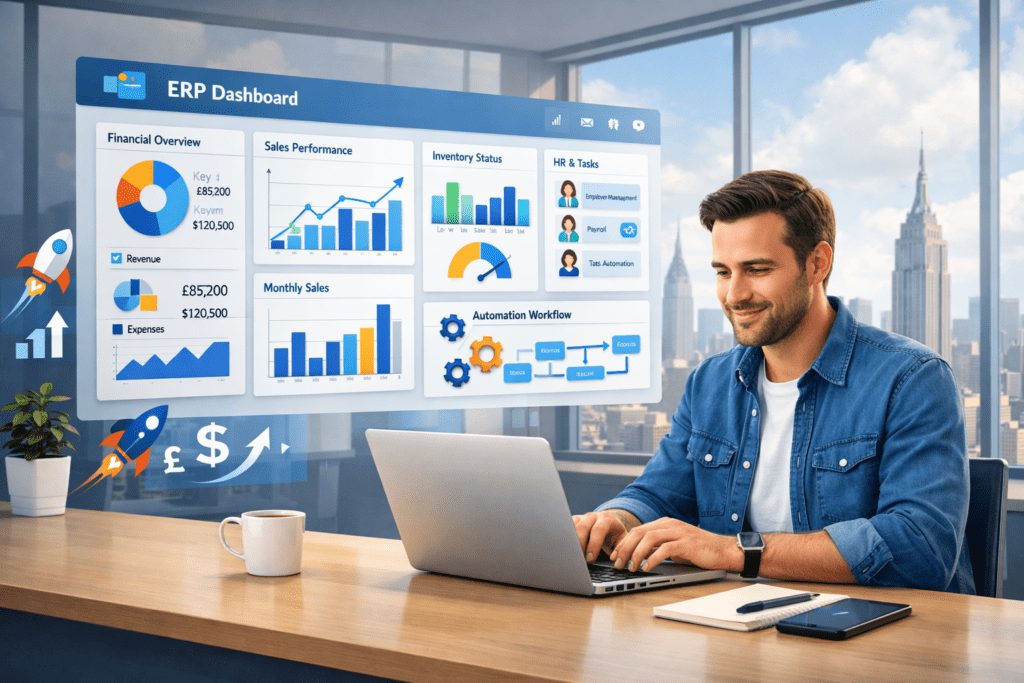 ERP for Small Businesses: A Complete Guide to Choosing, Implementing, and Scaling the Right System – modern ERP dashboard helping a small business owner automate finance, sales, and inventory