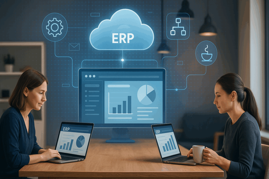 ERP for Remote Teams 2025: How to Manage Operations Efficiently — illustration of remote employees connected through a cloud-based ERP system.