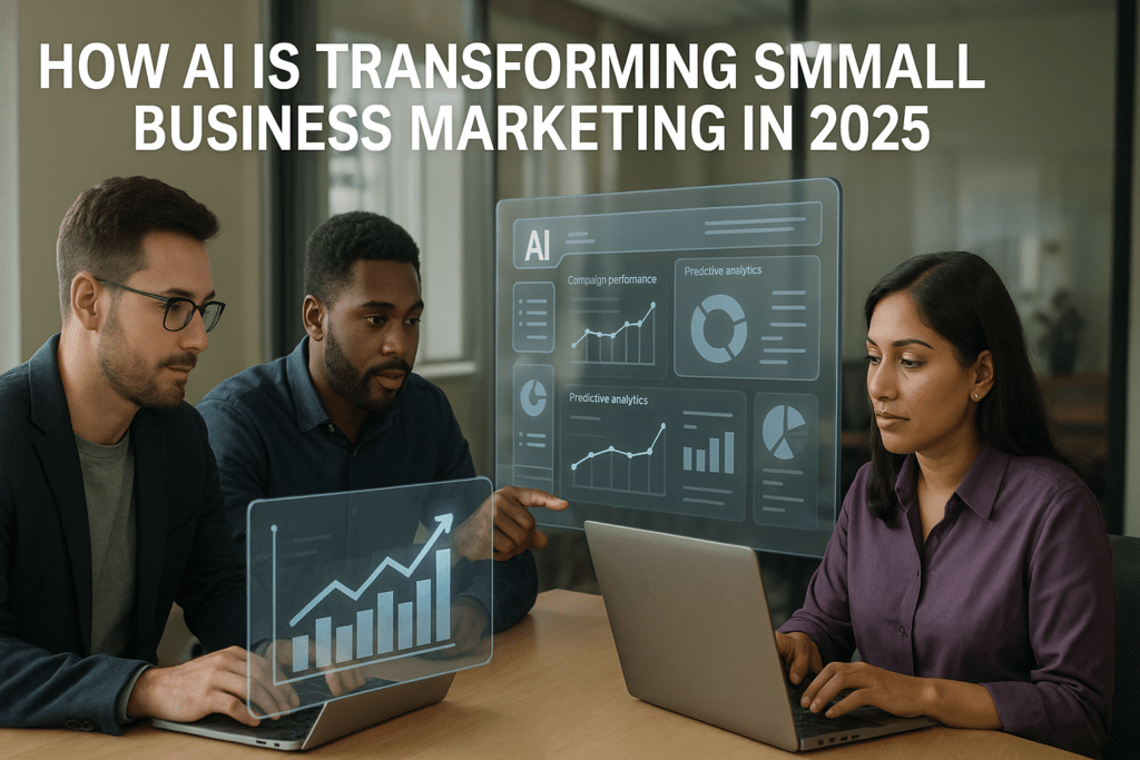 How AI Is Transforming Small Business Marketing in 2025 illustrated with AI marketing dashboards, analytics charts, and small business owners using technology.
