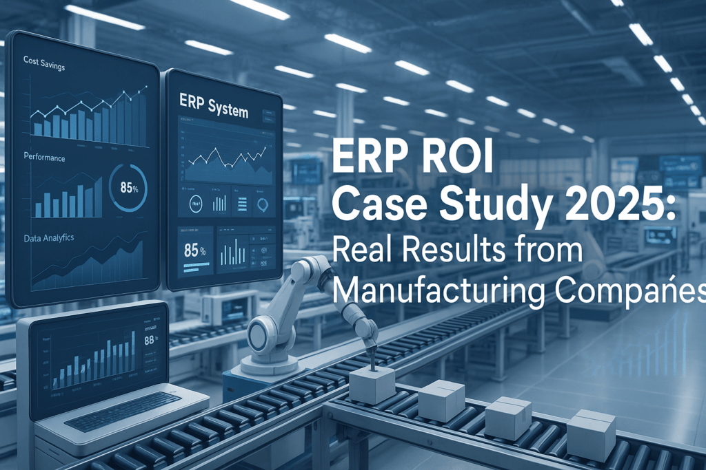 “Featured image for ERP ROI Case Study 2025: Real Results from Manufacturing Companies showing digital dashboards and manufacturing automation.”