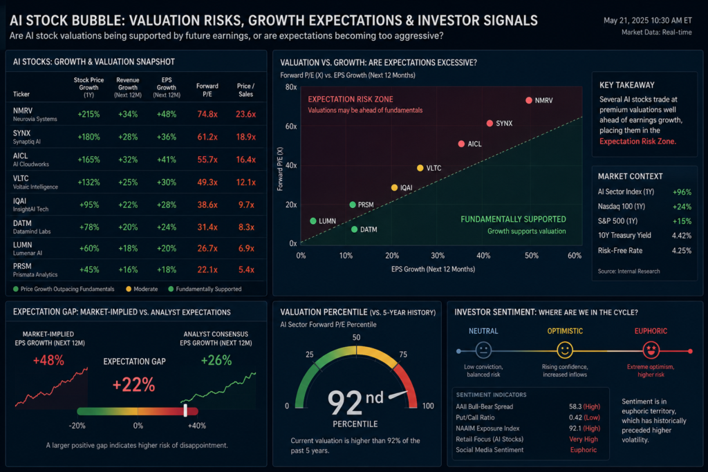AI Stock Bubble financial analysis comparing AI stock valuations with earnings growth, revenue expectations and investor sentiment signals.