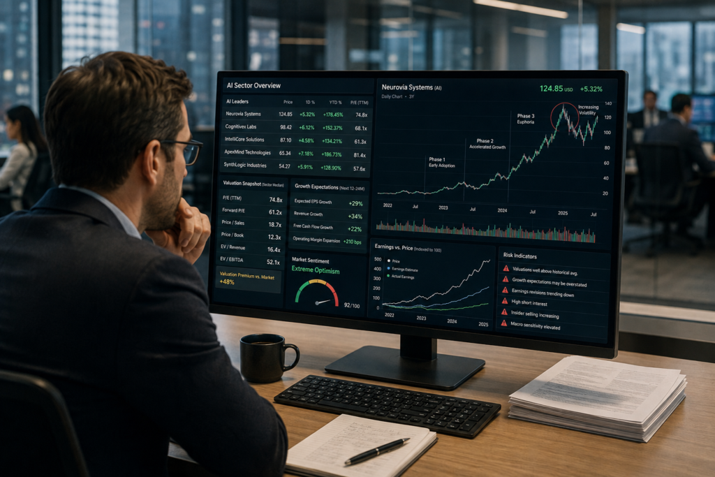 AI Stock Bubble analysis showing an investor studying elevated AI stock valuations, growth expectations and market risk signals on a financial screen.