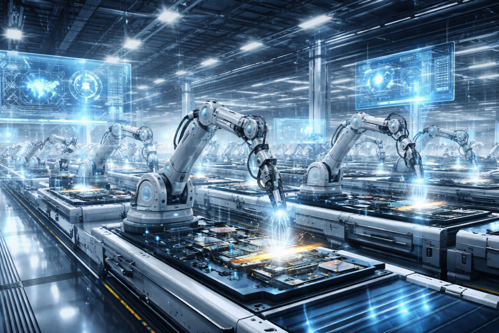 Hyper-realistic futuristic smart factory interior with robotic arms assembling advanced electronics, glowing AI data streams, holographic dashboards, and automated conveyor belts in a clean high-tech manufacturing environment.