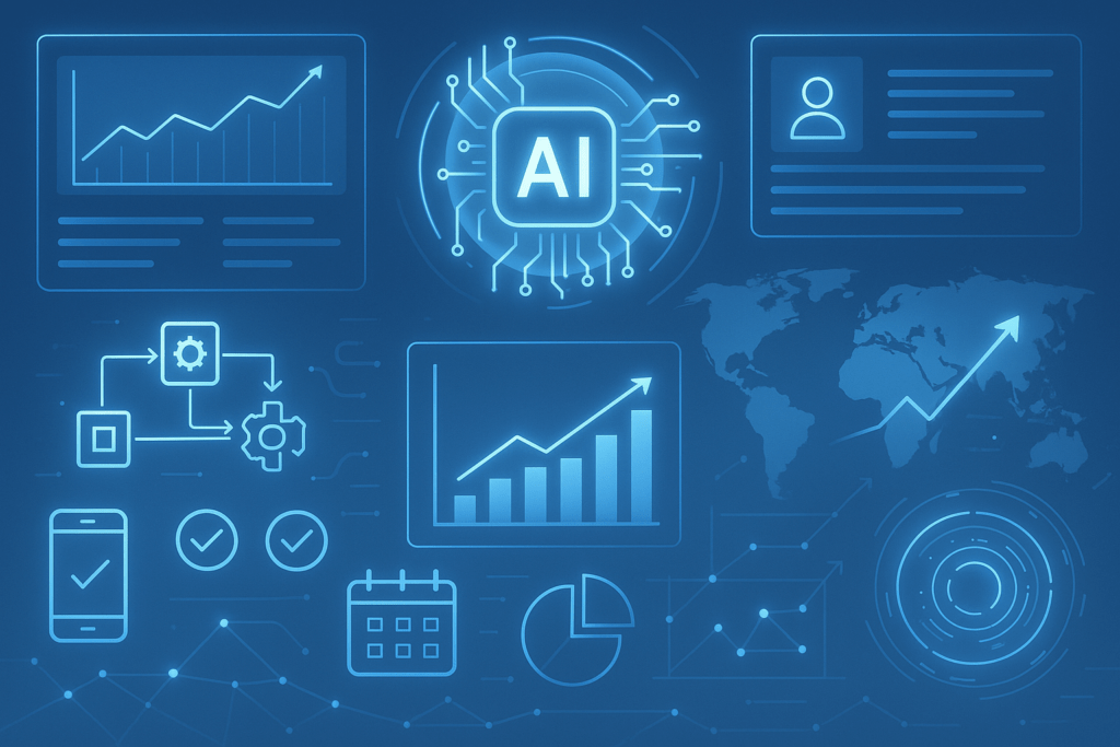 “AI Productivity Apps 2025: Tools That Save Time and Scale Growth featured image showing futuristic AI dashboards and workflow automation graphics.”