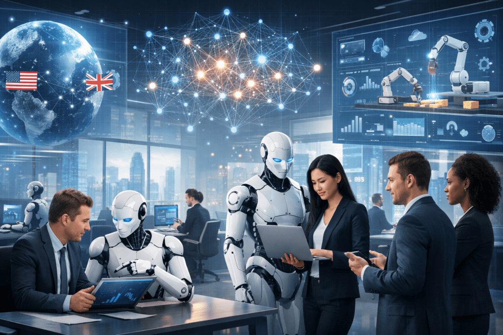 Tech Predictions for 2026: What AI and Automation Mean for Business – futuristic AI-powered workplace transforming business operations