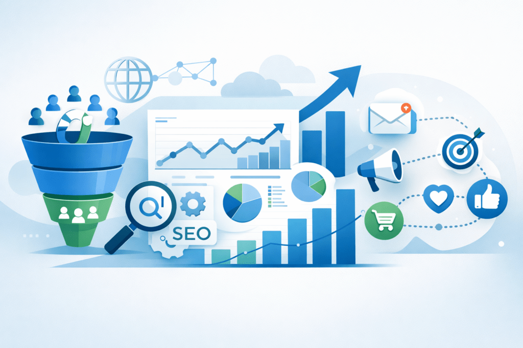 Growth Marketing Tactics for SMBs: Practical Strategies to Scale Faster Without Wasting Budget shown with SaaS dashboards and growth marketing systems