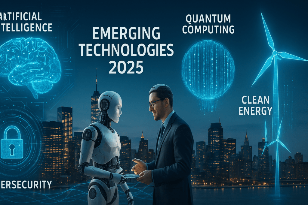 “Emerging Technologies 2025: Innovations That Will Shape the Future – futuristic AI, robotics, and quantum computing visual.”