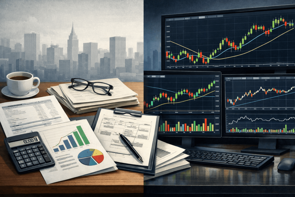 Company Stock Analysis in the U.S.: Fundamental vs Technical Methods Used by Professional Investors illustrated through financial data and market charts