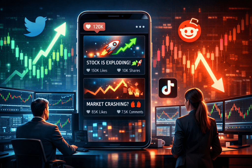 Abstract digital illustration of Reddit WallStreetBets community pushing a stock upward, neon fintech style