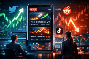 Abstract digital illustration of Reddit WallStreetBets community pushing a stock upward, neon fintech style