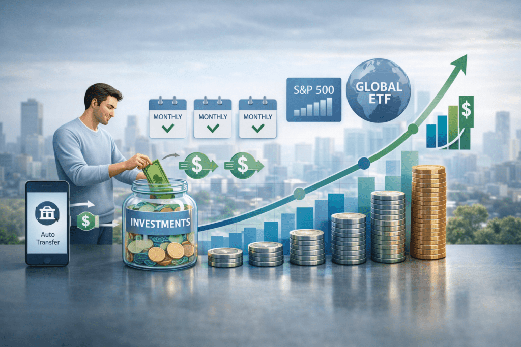 Dollar Cost Averaging Explained: A Simple Strategy to Reduce Risk and Build Wealth Over Time showing consistent monthly investing growing a diversified portfolio