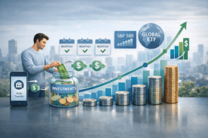 Dollar Cost Averaging Explained: A Simple Strategy to Reduce Risk and Build Wealth Over Time showing consistent monthly investing growing a diversified portfolio