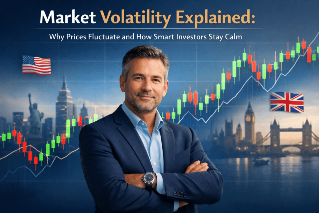 Market Volatility Explained: Why Prices Fluctuate and How Smart Investors Stay Calm featured image showing calm investor and fluctuating stock charts
