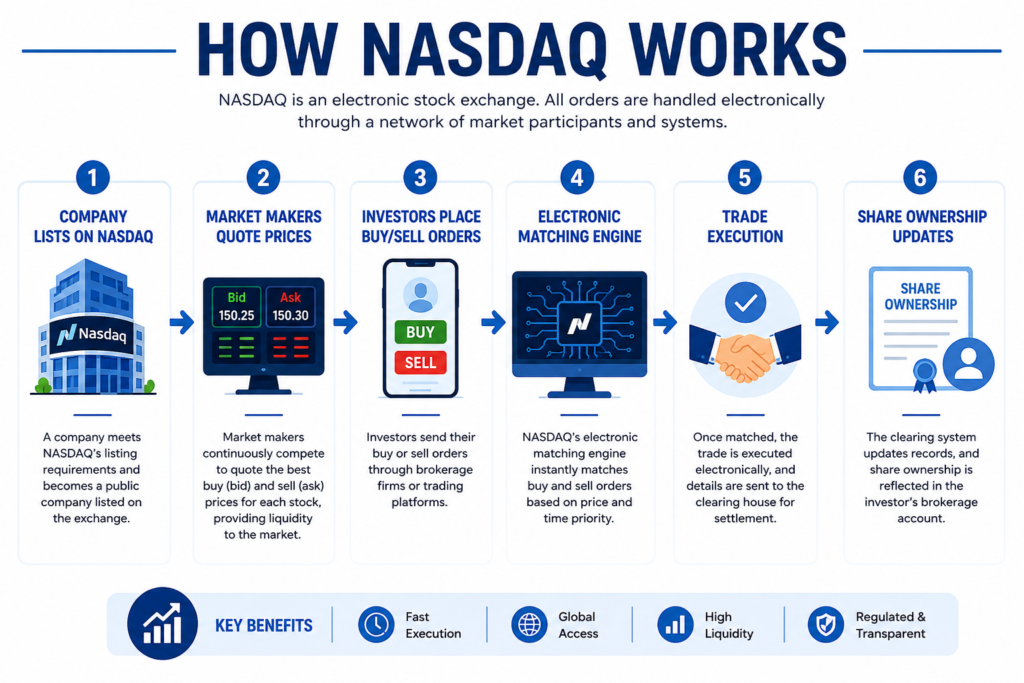 Flowchart explaining how the NASDAQ stock market works through electronic trading, market makers, order matching, and trade execution.