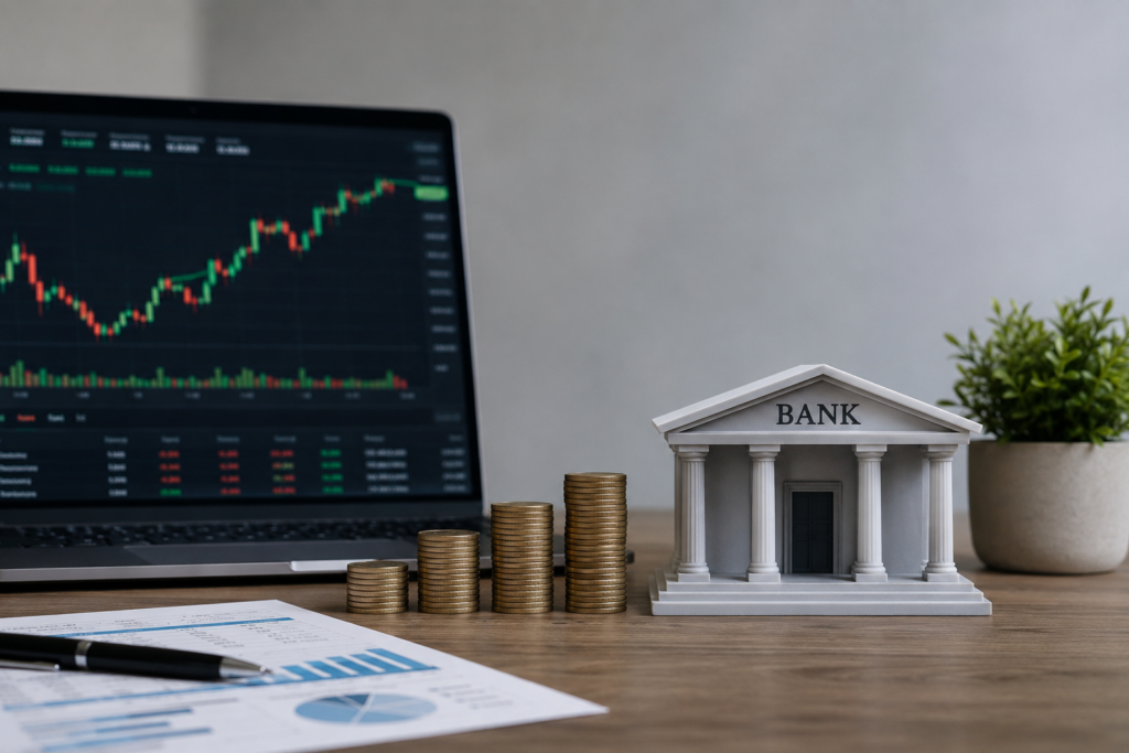 Financial Sector Stocks represented through U.S. banks, insurance, investment services, and capital markets in a minimal financial workspace.