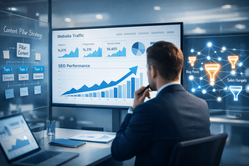 Blogging Strategy That Drives Traffic: How Businesses Build Authority and Organic Growth through pillar content, topical clusters, and conversion funnels.