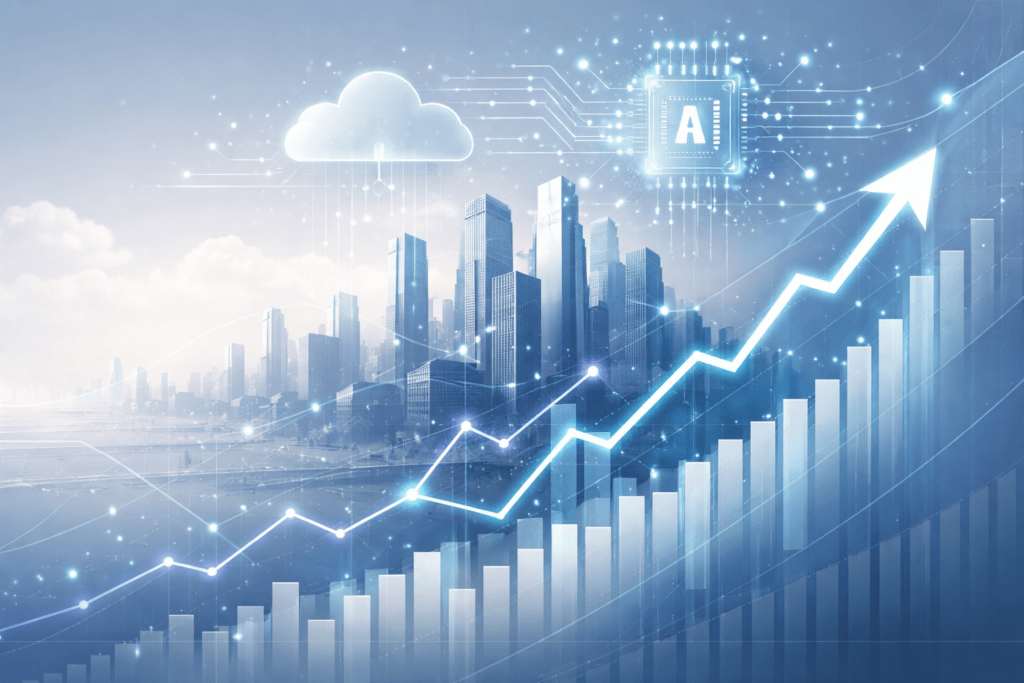 Technology Trends Shaping US Stock Market Growth in 2025–2026 illustrated through digital innovation, data networks, and market growth visuals