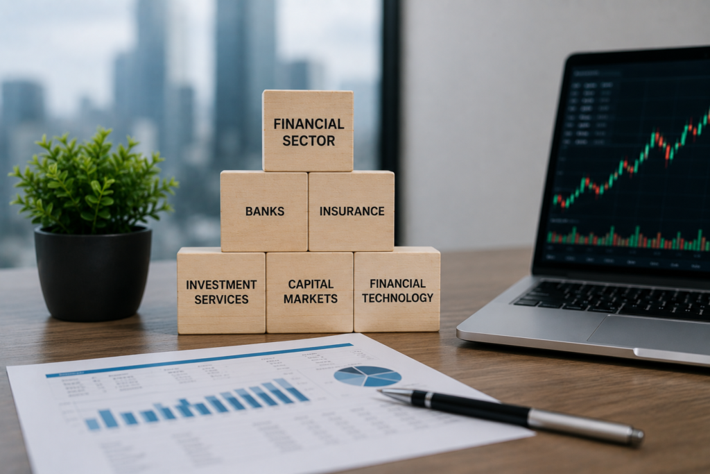 Financial Sector Stocks showing U.S. investor exposure to banks and finance with market charts and financial sector categories.