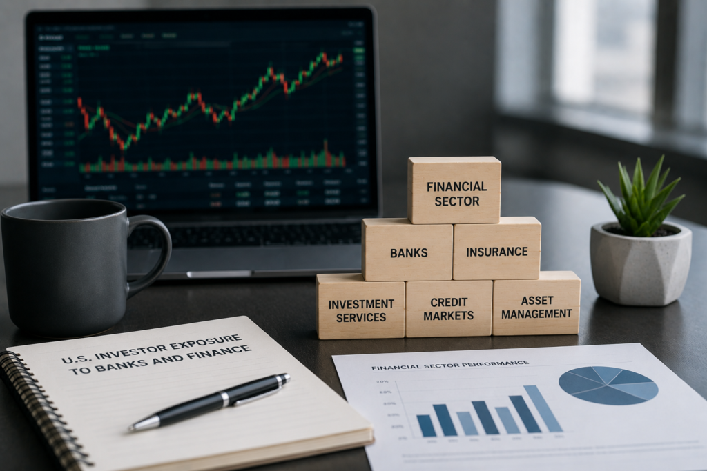 Financial Sector Stocks showing U.S. investor exposure to banks and finance with market charts and financial sector categories.