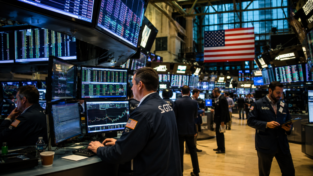 NYSE stock market trading floor showing professional traders and active stock trading.